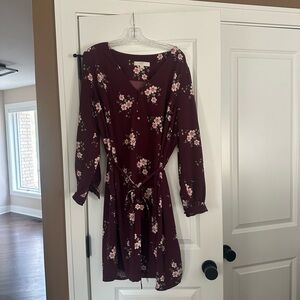 LOFT Plus floral, long sleeve, tie belt dress